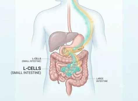 Diagram showing how GLP-1 hormone is released from L-cells in the gut and signals the brain and pancreas