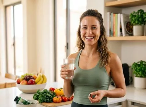 Woman taking a natural GLP-1 support supplement capsule with water in a healthy kitchen setting